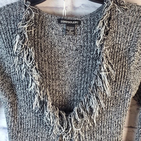 Tomfoolery Open Front Fringe Trim Long Sweater Cardigan, M, Black & White - Picture 3 of 10